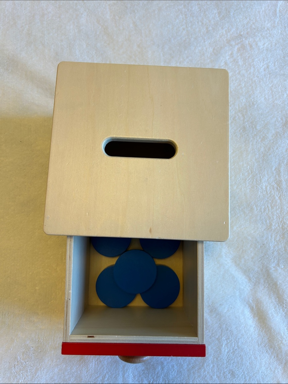 Wooden Shape Sorter Coin Box - Red & Blue Kids Toy - Picture 2 of 6